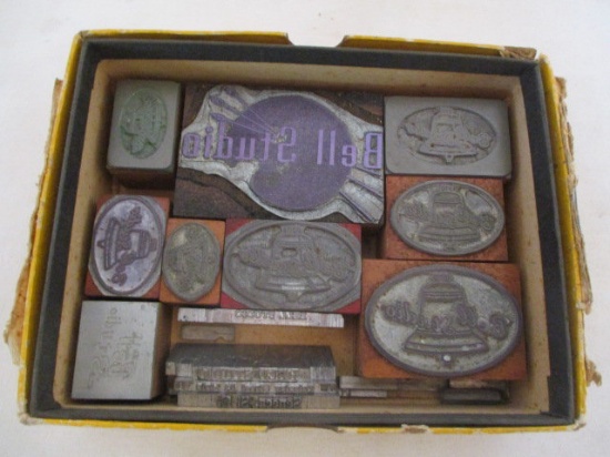 Box of  Vintage Steel Plate "Bell Studio" Stamping/Printing Blocks