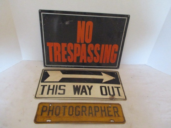 Three Metal Signs-"Photographer", "This Way Out" and "No Trespassing"