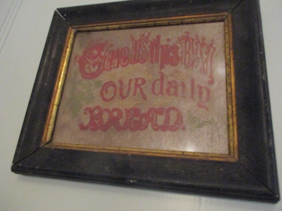 Antique Framed Needle Point on Paper "Give Us This Day Our Daily Bread"