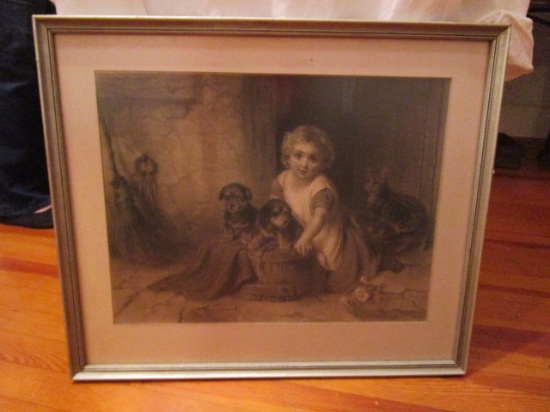 Antique Framed Print from Engraving of Child with Puppies and Cat