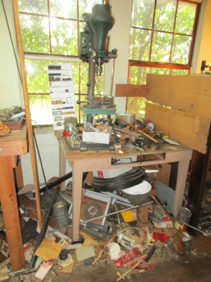 Drill Press and Contents of Work Table-Drill Press, Bits, Press Vice, Crow Bar, etc.