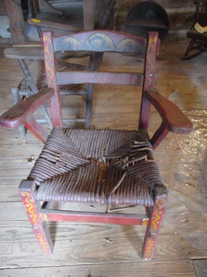 Antique Arm Chair with Woven Seat and Painted Design