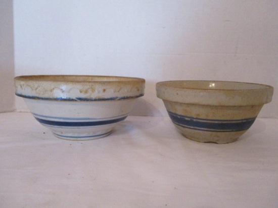 Two Antique Salt Glazed Mixing Bowls with Blue Stripes