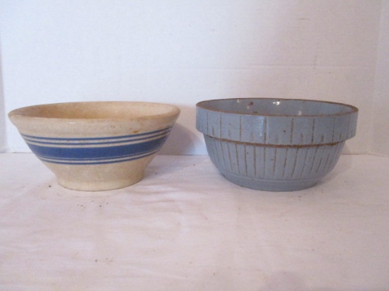 Antique Blue Salt Glaze Bowl and Blue Stripe Mixing Bowl