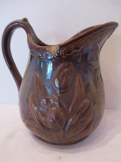 Antique Brown Pottery Pitcher with Tulip Design