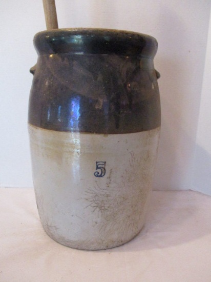 Antique Brown and White Pottery Churn Marked 5 with Dasher