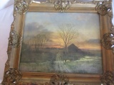 Ornate Gold Framed Country Farm Lithograph