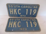 1973 Matched Set of SC Metal License Plates with Raised Numbers in Original Paper Sleeve