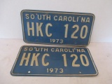 1973 Matched Set of SC Metal License Plates with Raised Numbers
