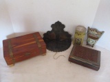 Cedar Box, Carved Monkey Box, Oriental Folding Shelf, Shell Wall Pocket, Vintage Talc Powder