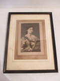 Framed Vintage Print from Etching by Leopold Muller Girl Playing Lute
