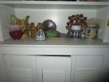 Shelf Lot of Pottery-Pitchers, Plates, Candle Holders, etc.