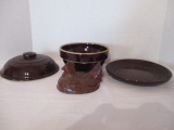 Lot of Brown Pottery-Hen Top, Casserole Lid, Mixing Bowl and Mar-Crest Plate