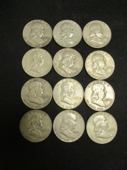 Lot of 12 Franklin  Half Dollars- Assorted Dates