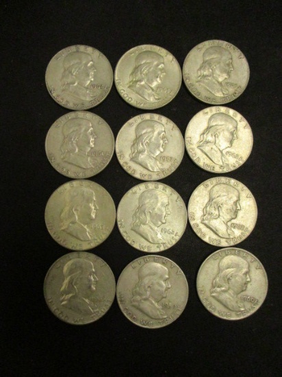 Lot of 12 Franklin  Half Dollars- Assorted Dates