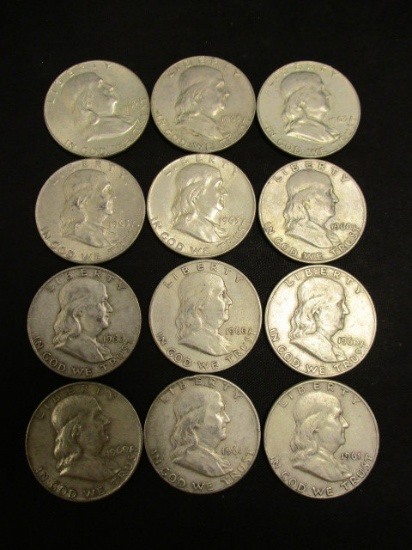 Lot of 12 Franklin  Half Dollars- Assorted Dates