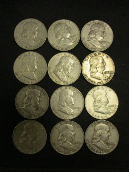 Lot of 12 Franklin  Half Dollars- Assorted Dates