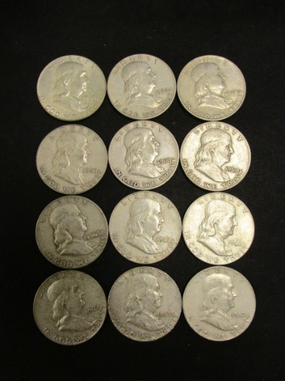 Lot of 12 Franklin  Half Dollars- Assorted Dates