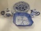 Blue and White Platter, Centerpiece Bowl and Two Teapots