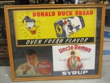 Three Framed Advertisements - Donald Duck Bread, Moxie Drink, Uncle Remus Syrup