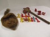 Toy Tommy Hawk, Faux Fur Coon Skin Hat and Plastic Cowboys & Indians