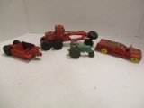 Three Hard Plastic Auburn Toy Cars and Plastic Tractor