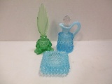 Blue Opalescent Hobnail Cruet, Hobnail Candleholder, Green Perfume Bottle