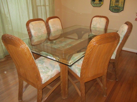 Beveled Glass Top Table with Rattan Base and Six Rattan Chairs