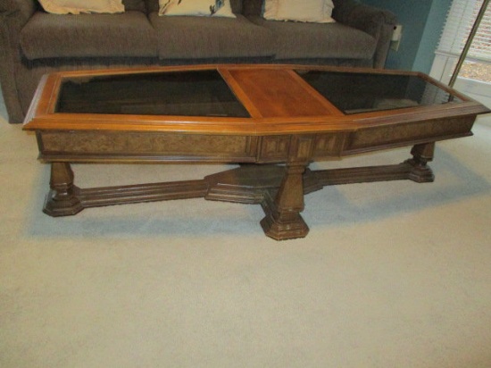 Wood Mid-Century Coffee Table with Smoked Beveled Glass Inserts