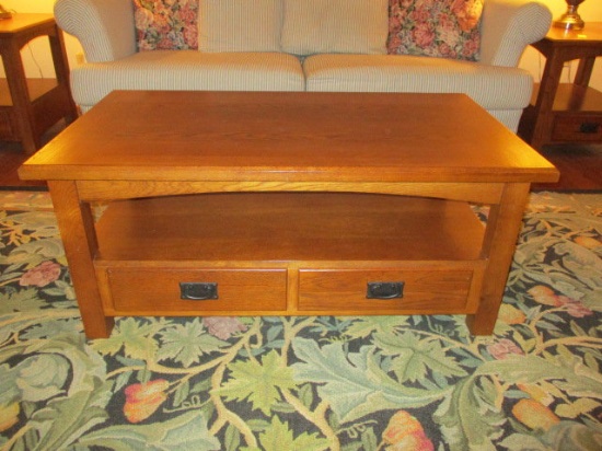 Wood Coffee Table with Two Drawers in Bottom Shelf