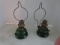 Pair of Green Glass Oil Lamps with Wall Hangers