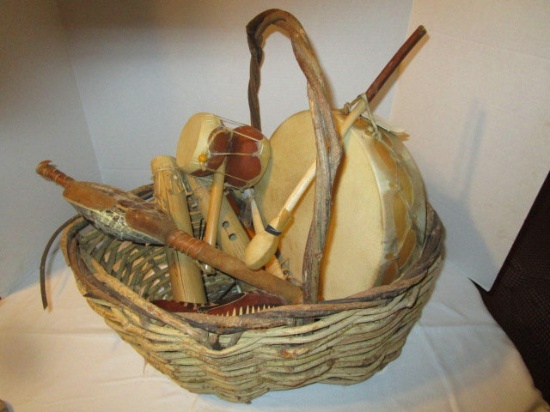 Basket with Primitive Instruments - Sioux Drum, Flutes, Rattles, etc.