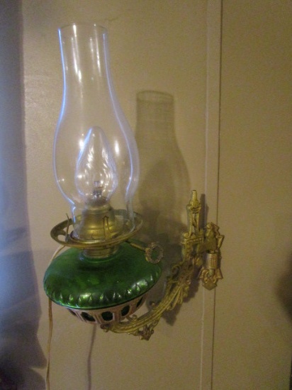 Oil Lamp Converted to Electric with Cast Iron Wall Hanger