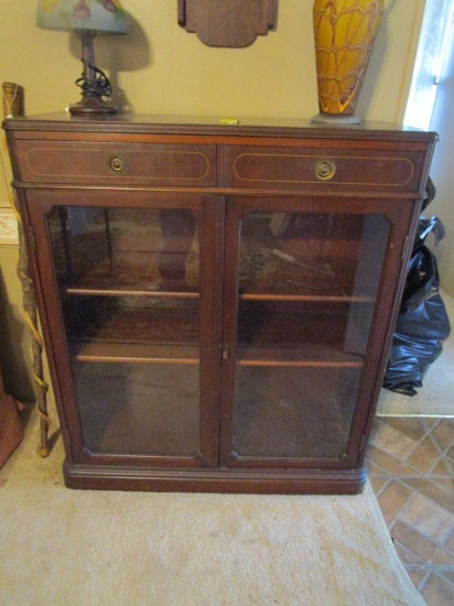 Antique Bookcase/Curio with Two Drawers and Glass Doors