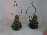 Pair of Green Glass Oil Lamps with Wall Hangers