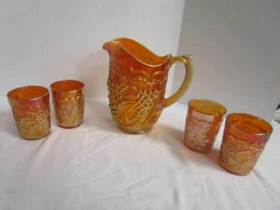 Carnival Glass Pitcher and Four Glasses with Grape Motif