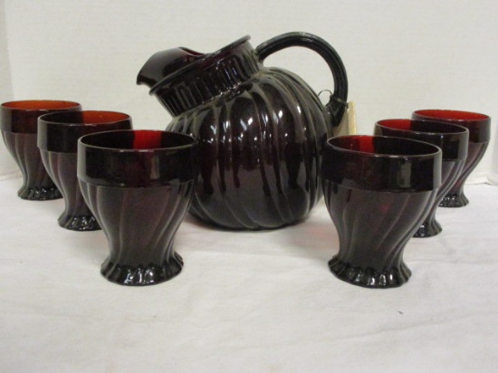 Ruby Red Pitcher with Ice Lip and Six Glasses