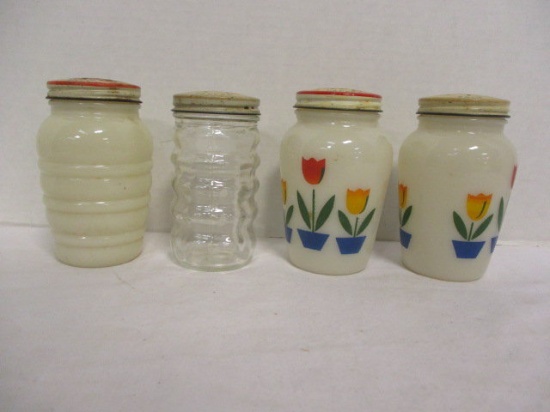 Three Unmarked Fire King Tulip Shakers and Clear Glass Shaker with Tulip Lid