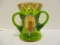 Green Glass Three Handle Vase with Hand Painted Floral Design