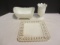 Footed Milk Glass Bowl, Vase and Lattice Edge Plate