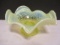 Yellow Opalescent Vaseline Glass Ruffle Edge Pedestal Base Dish with Shell and Leaf Design