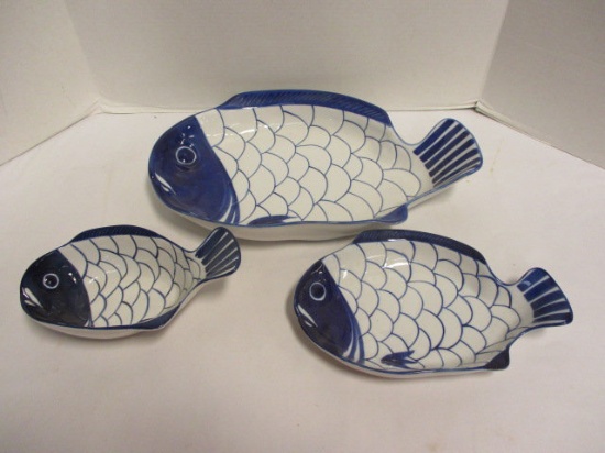 Three Dansk Blue and White Fish Bowls