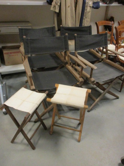 Four Wood Director's Chairs and Two Folding Stools