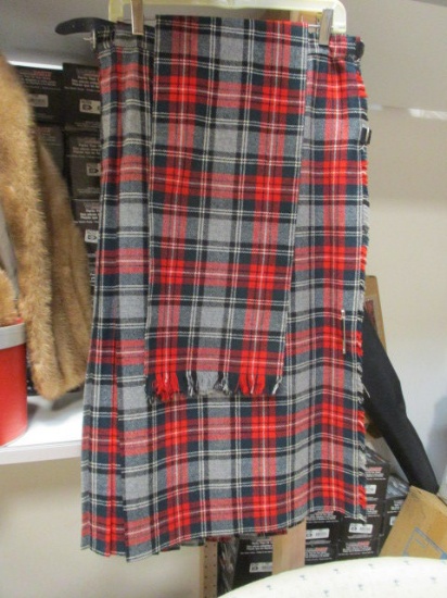 D. McArthur of Scotland Red/Grey/Black Tartan Plaid Kilt, Pin and Shoulder Scarf