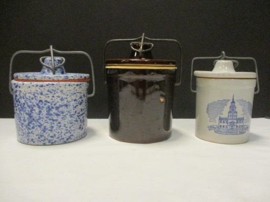 Three Small Lock Lid Pottery Crocks