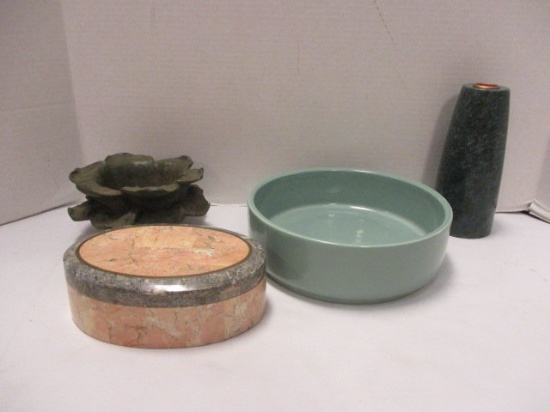 Stone Candle Holder, Lidded Box, Pottery Bowl and Flower Planter