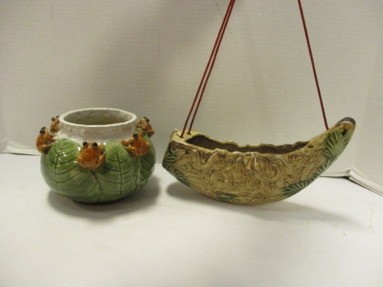 Pottery Planter with Frogs and Hanging Pottery Tusk Planter with Elephant Designs