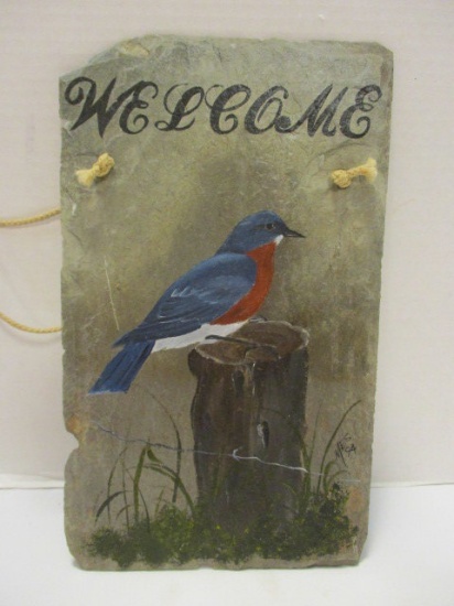 Slate "Welcome" Sign with Hand Painted Blue Bird