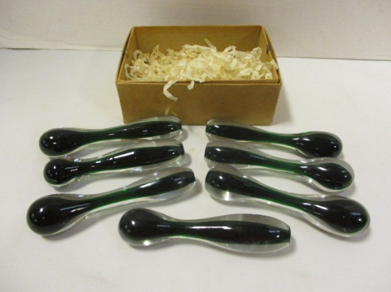 Seven Clear Cased Green Art Glass Knife Rests