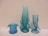Blue Glass Top Hat, Hand Vase and Corn Vase